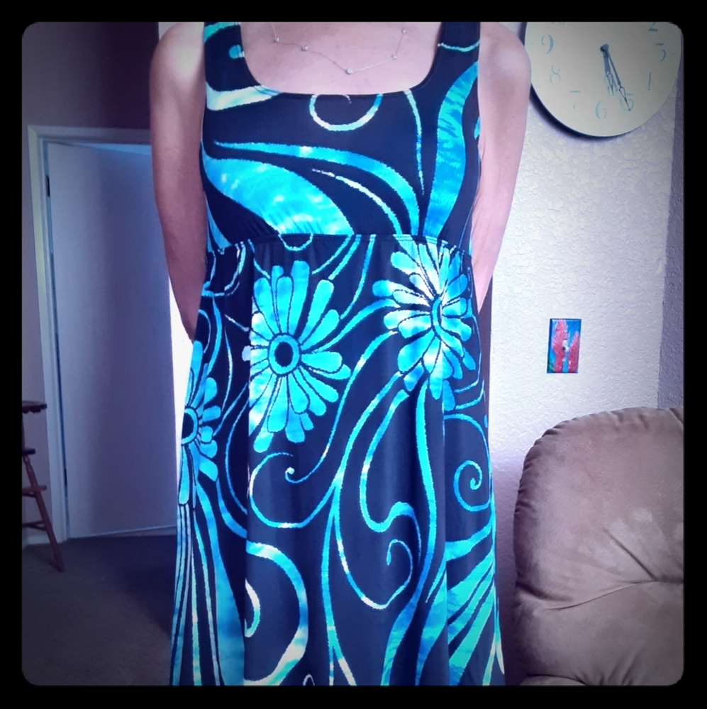 Black with Turquoise Tie Dyed Dress/Beach Coverup